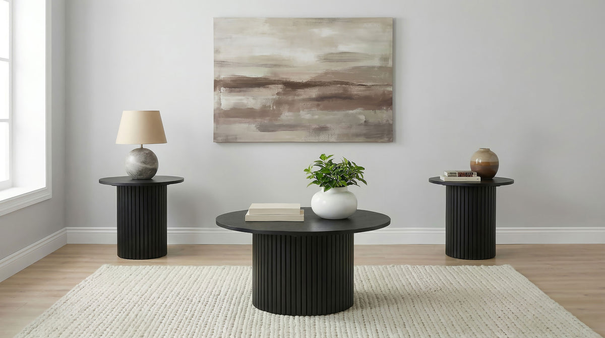 Hamlyn 3-piece Round Fluted Coffee and End Table Set - Black