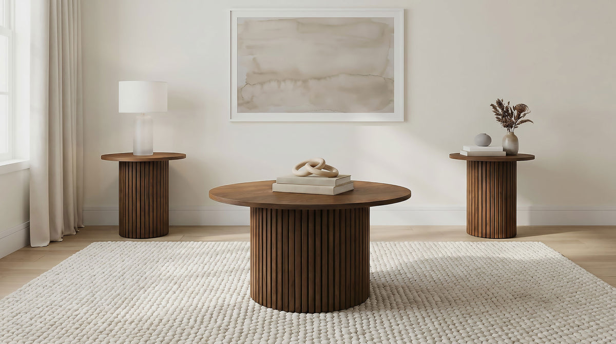 Hamlyn 3-piece Round Fluted Coffee and End Table Set - Walnut