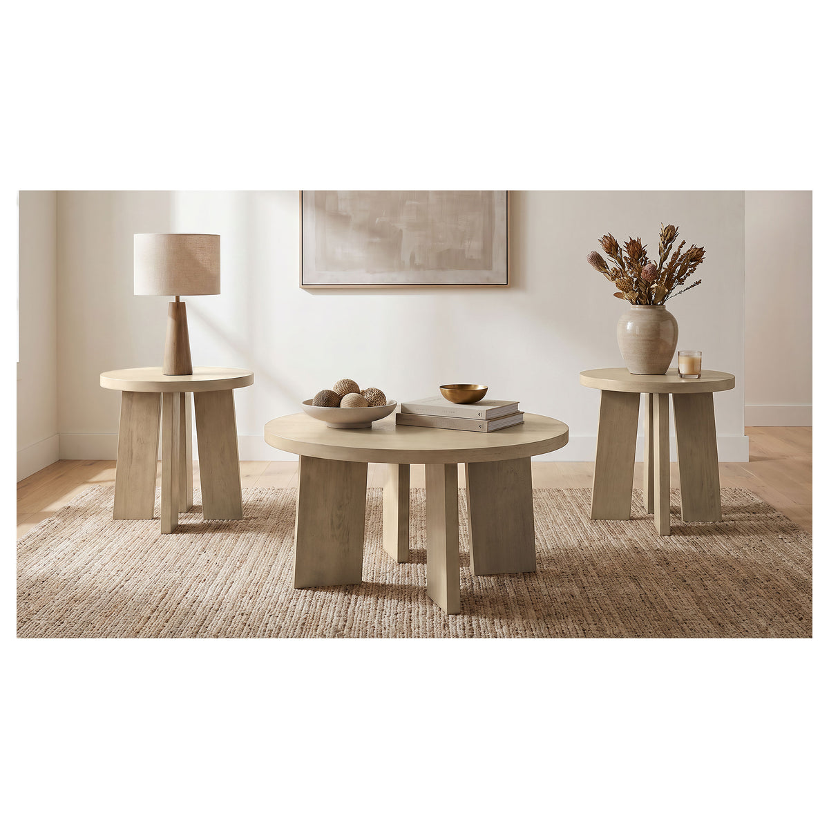 Strouse 3-Piece Round Coffee and End Table Set - Natural Oak