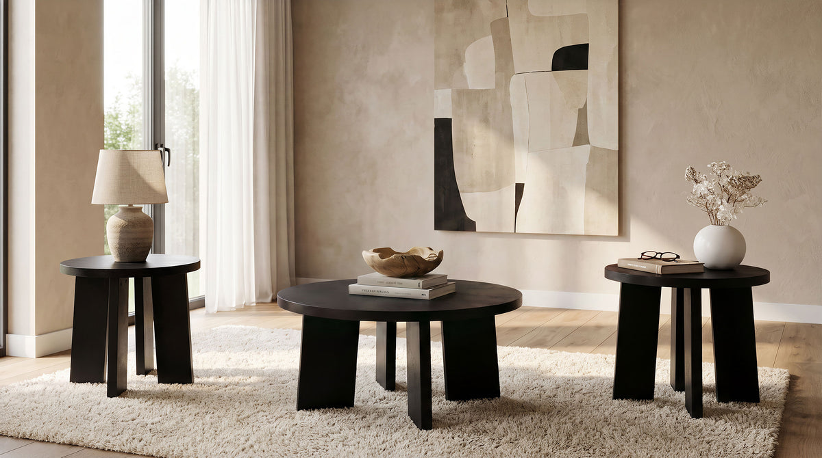 Strouse 3-Piece Round Coffee and End Table Set - Black