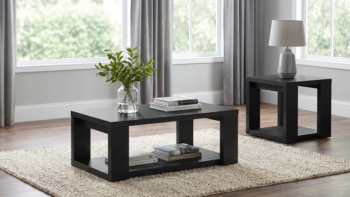 Pavone 2-Piece Transitional Coffee and End Table Set with Shelves - Black