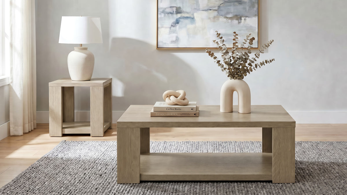 Pavone 2-Piece Transitional Coffee and End Table Set with Shelves - Latte