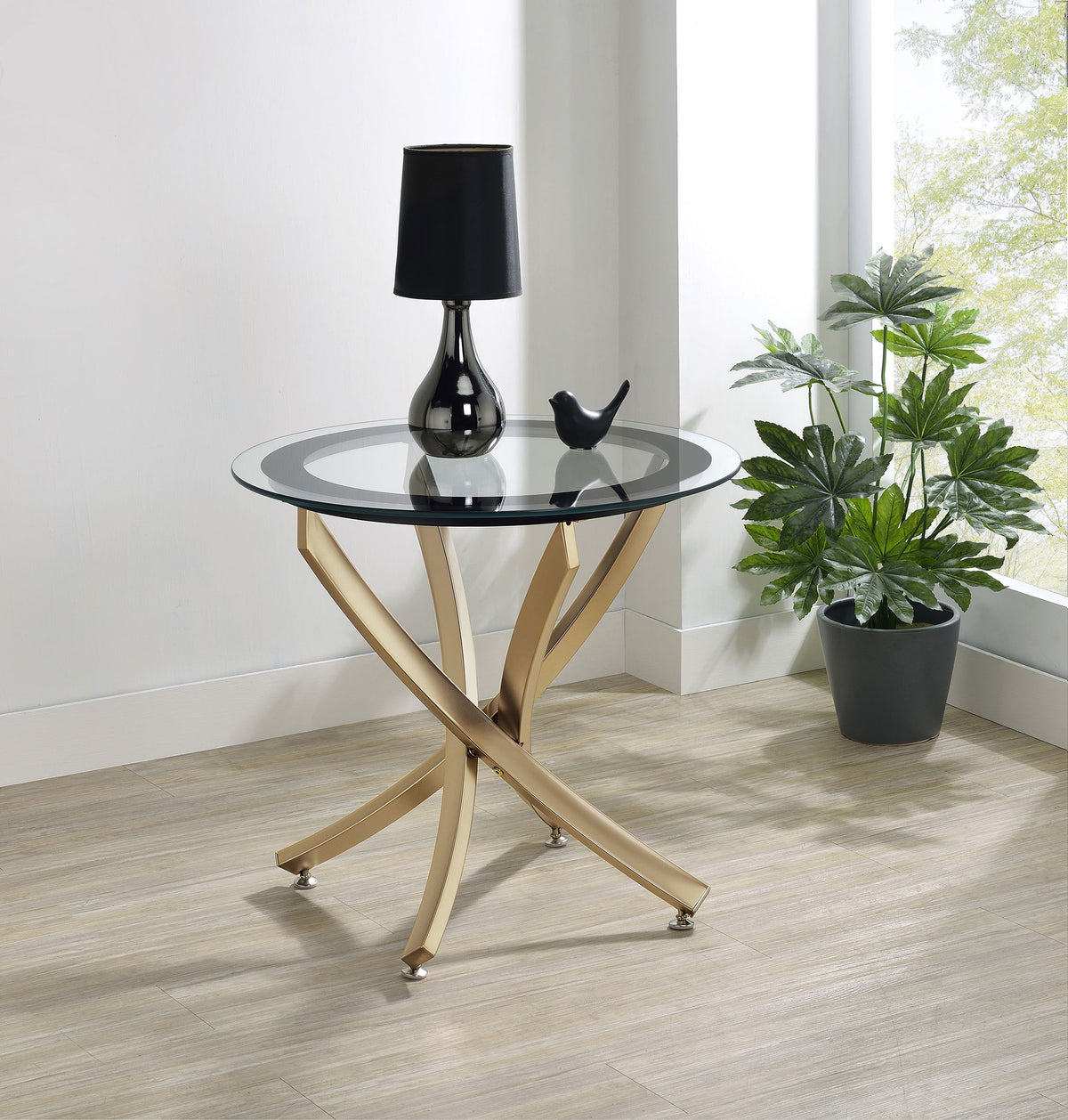 Brooke Round Glass Top Side End Table Metal Base - Rose Brass