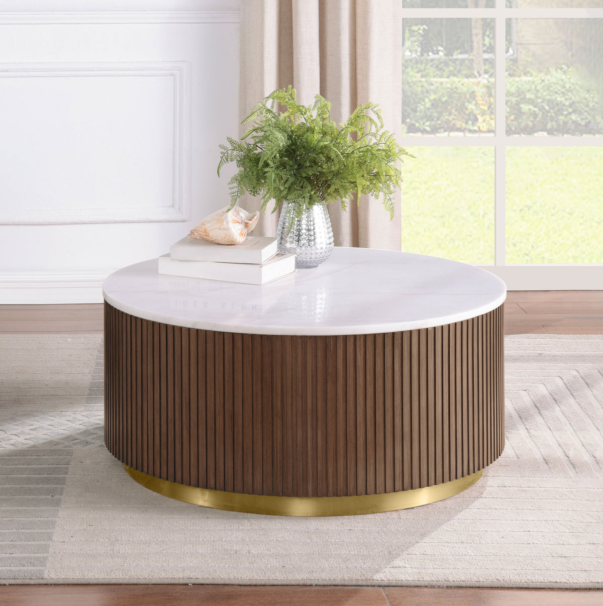 Jason Round White Marble Top Coffee Table - Honey Brown