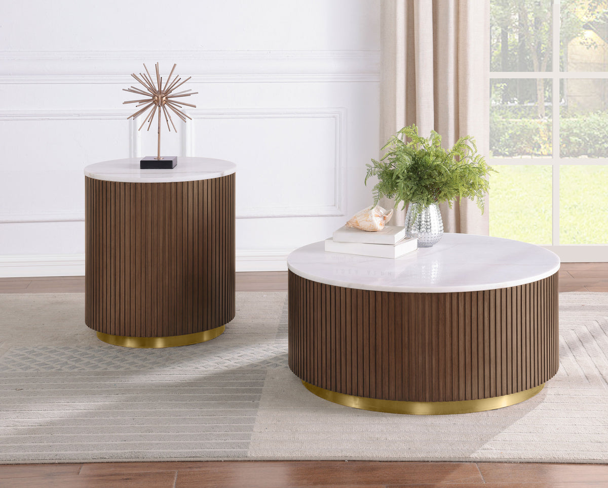 Jason Round White Marble Top Coffee Table - Honey Brown