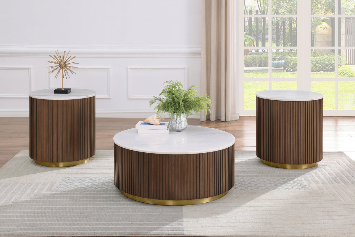Jason Round White Marble Top Coffee Table - Honey Brown
