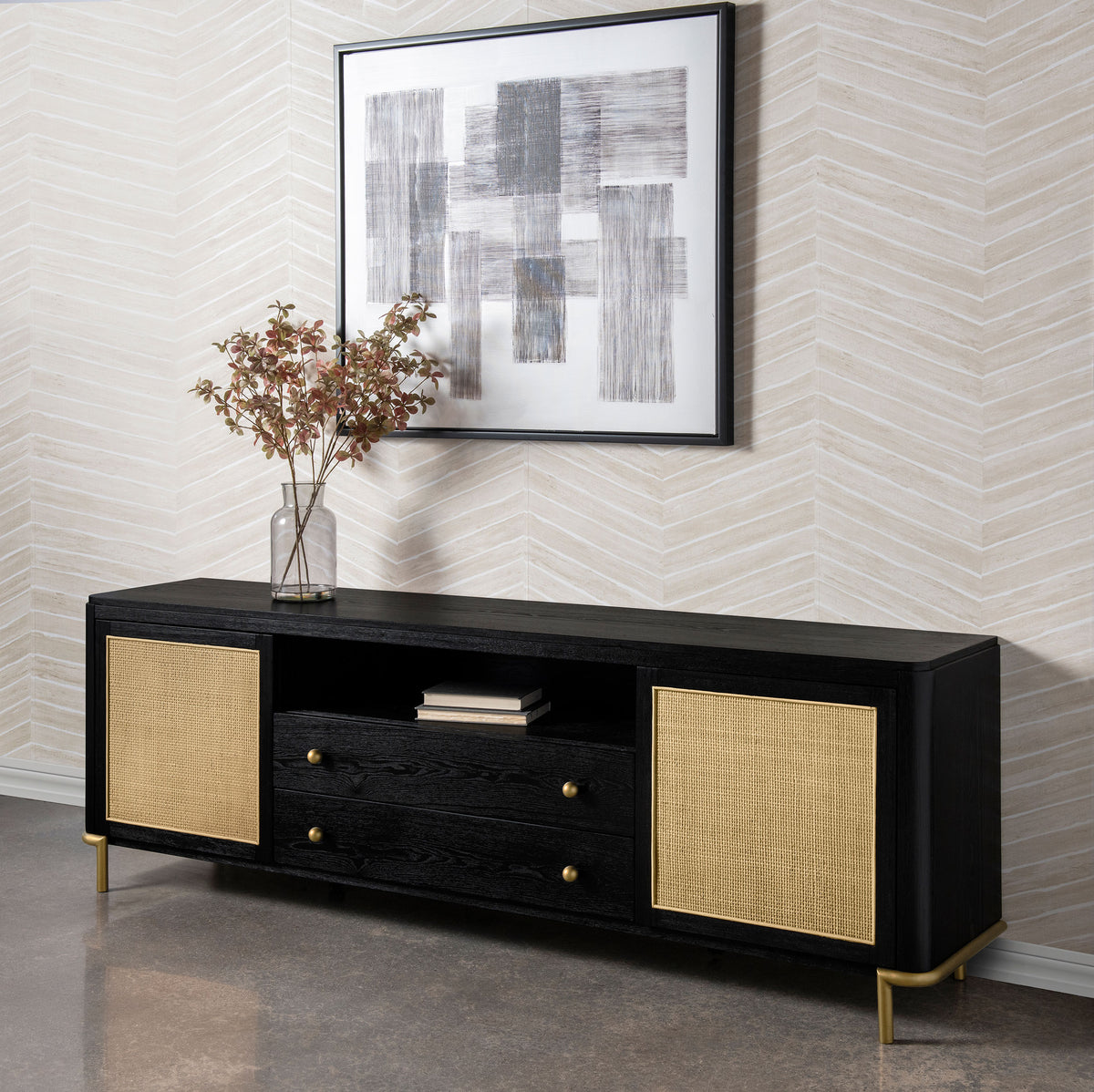 Arini Rattan Cane 2-door TV Stand Media Console - Black
