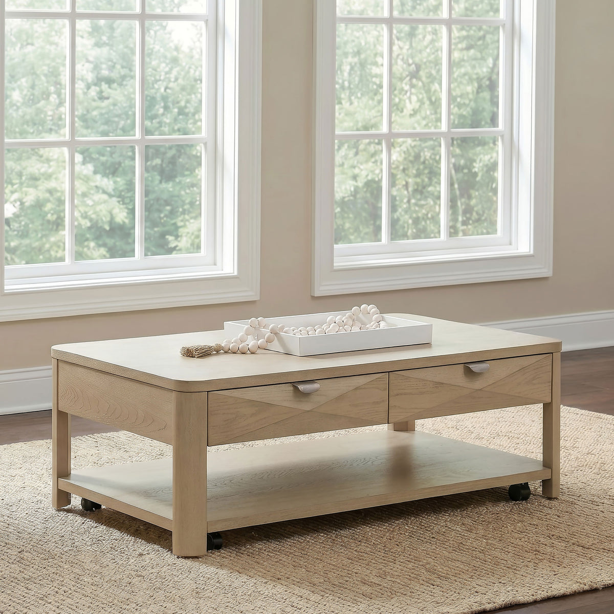 Marcelo Wood Coffee Table with 2 Drawers and Shelf - Light Elm