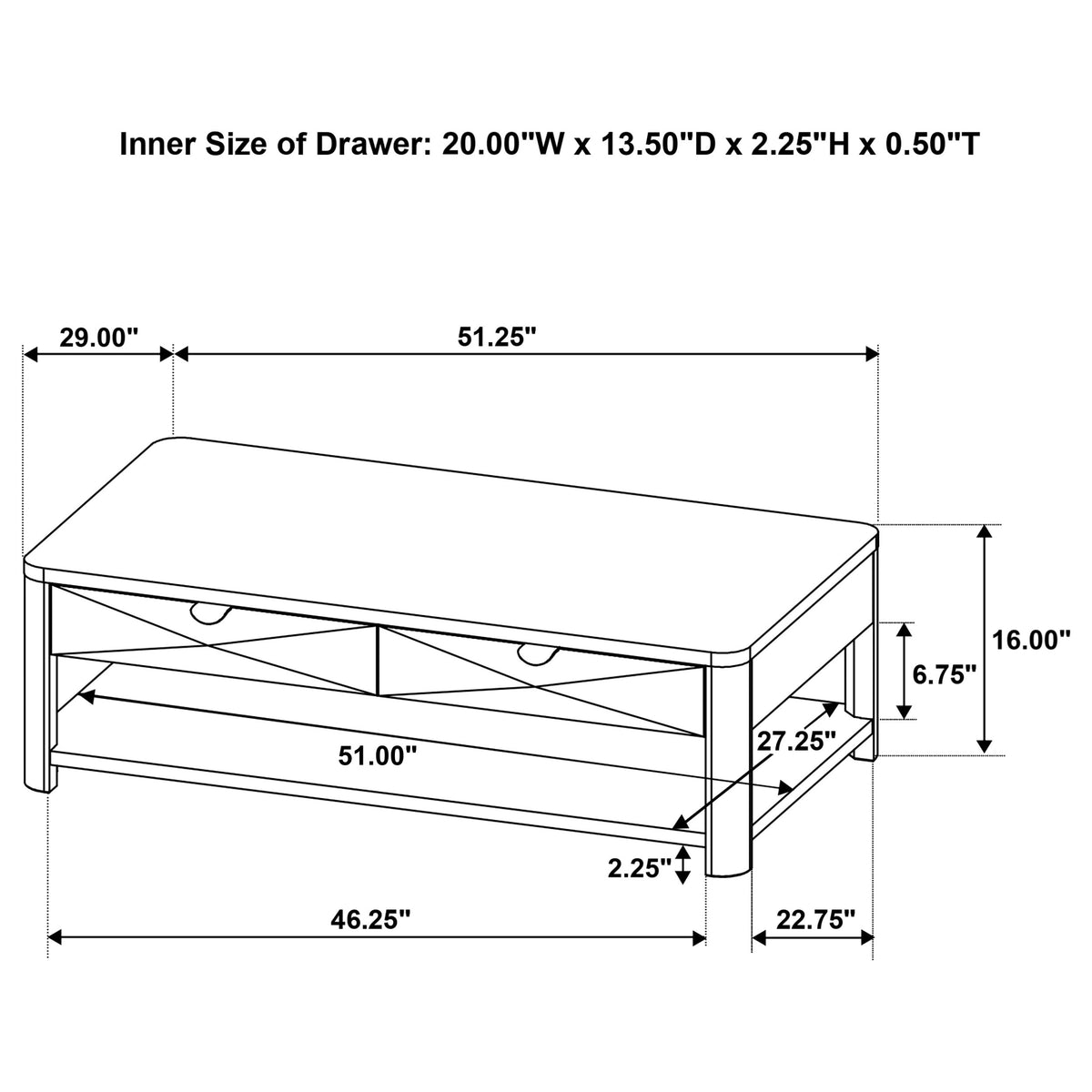 Marcelo Wood Coffee Table with 2 Drawers and Shelf - Light Elm