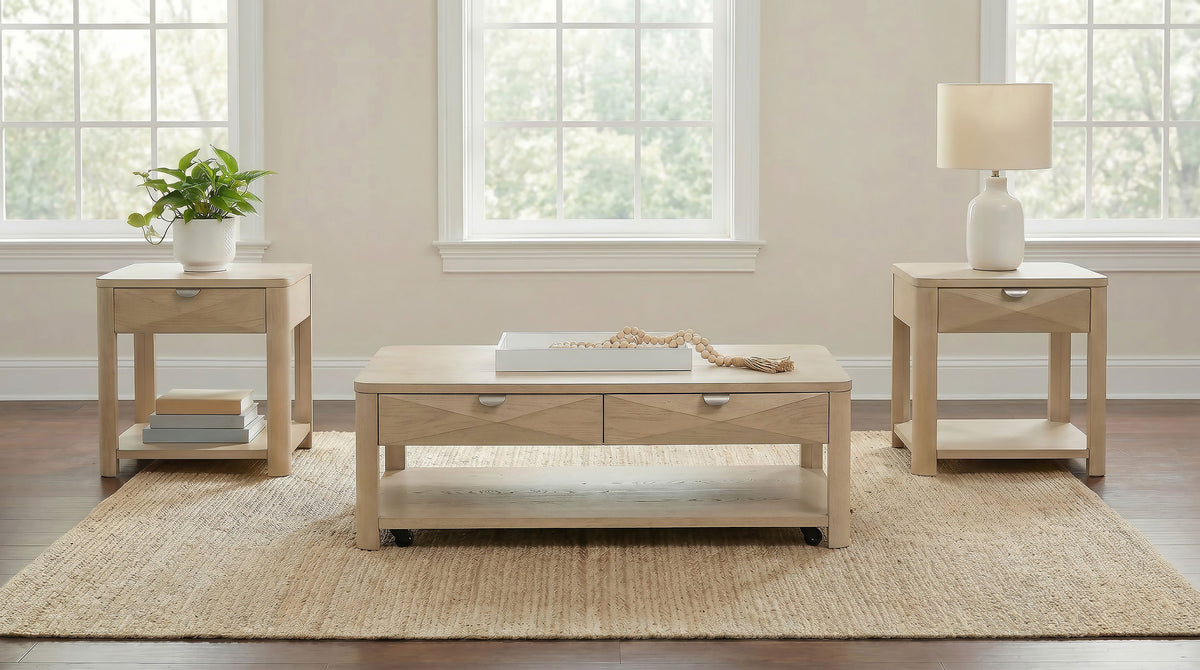 Marcelo Wood Coffee Table with 2 Drawers and Shelf - Light Elm