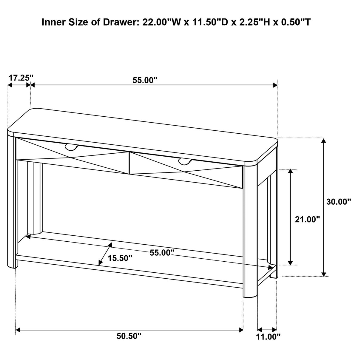 Marcelo Sofa Console Table with 2 Drawers and Shelf - Light Elm
