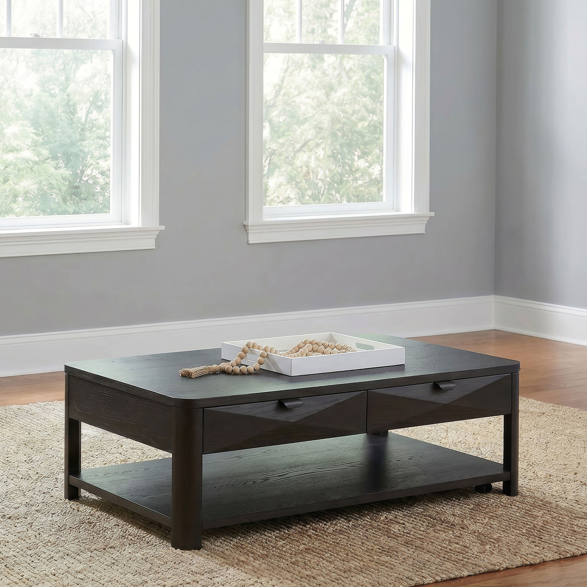 Marcelo Wood Coffee Table with 2 Drawers and Shelf