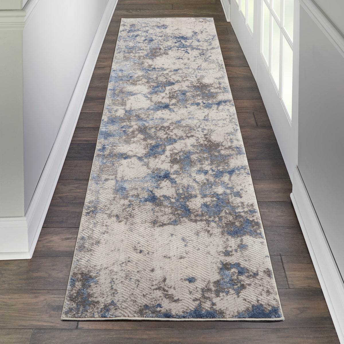 Silky Textures SLY04 Blue Ivory Grey Rug - room scene