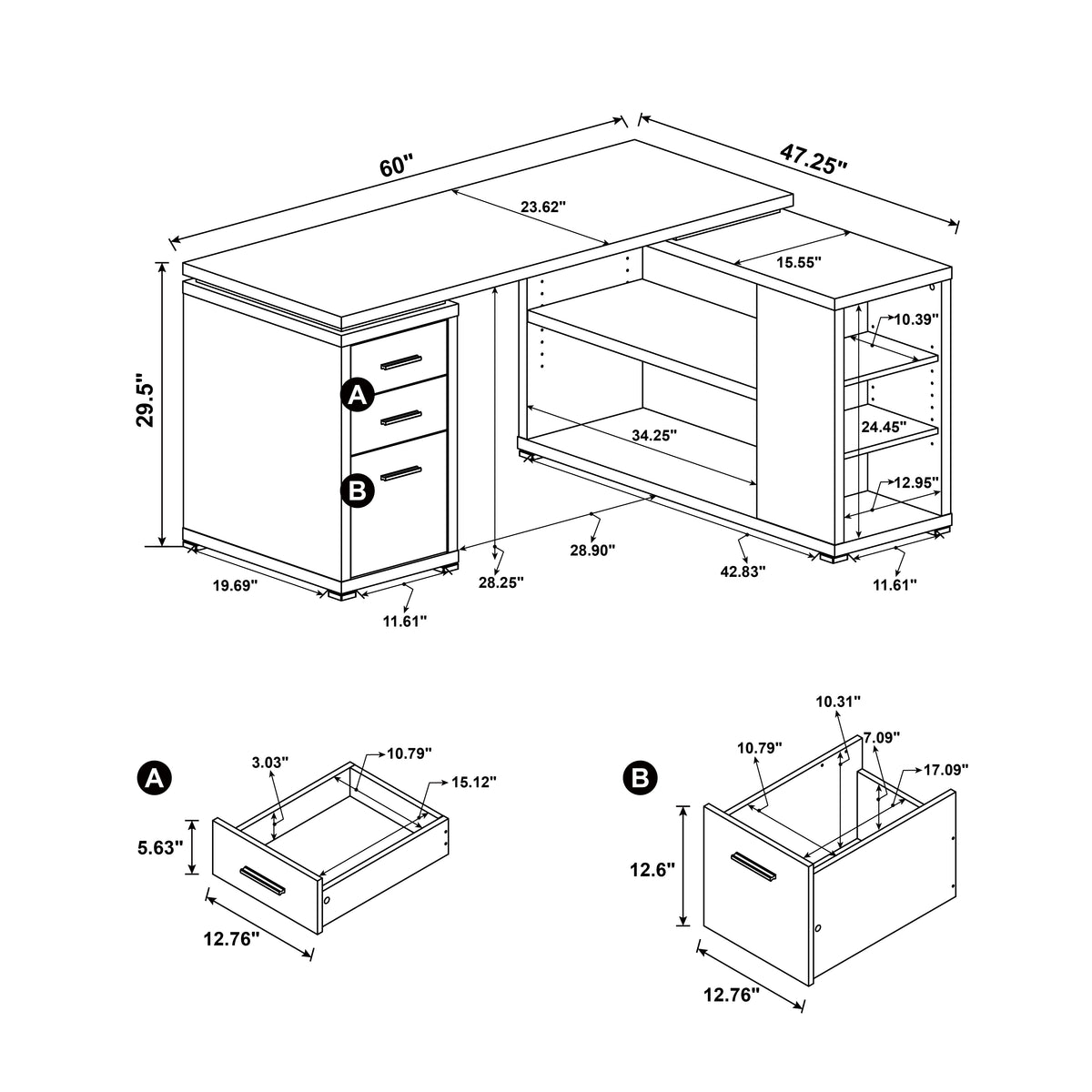 Yvette 60-inch 3-drawer L-Shape Computer Desk - White