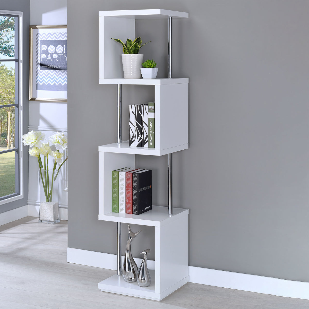 Baxter 67-inch 3-shelf Bookshelf White and Chrome