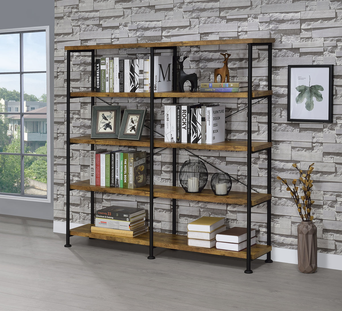 Analiese 63-inch 4-shelf Double Bookshelf - Rustic Nutmeg