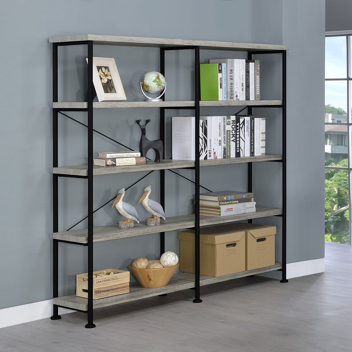 Analiese 63-inch 4-shelf Double Bookshelf - Grey Driftwood
