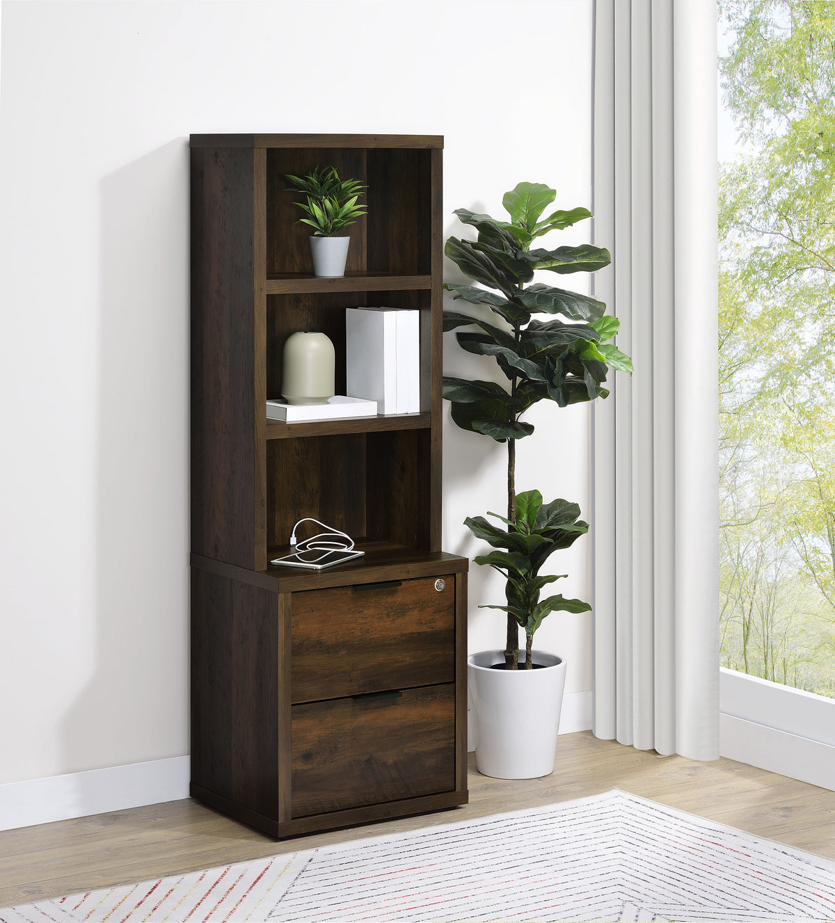 Westpark 3-shelf Bookcase USB and Lockable Drawer - Dark Pine