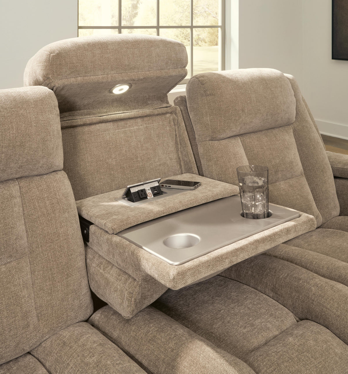 Mixed Motion PWR REC Sofa with ADJ Headrest Faux Leather Chenille