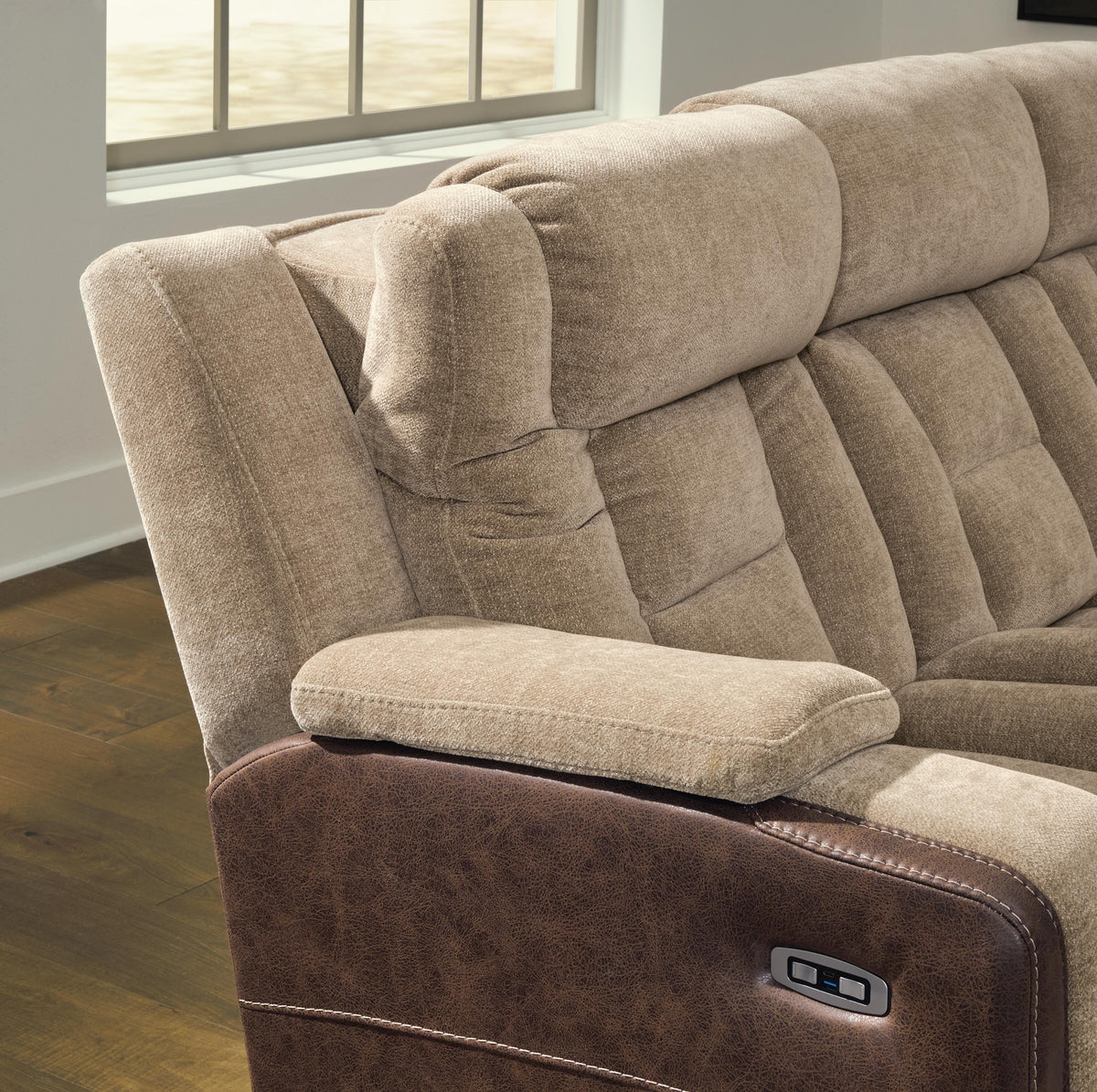 Mixed Motion PWR REC Sofa with ADJ Headrest Faux Leather Chenille