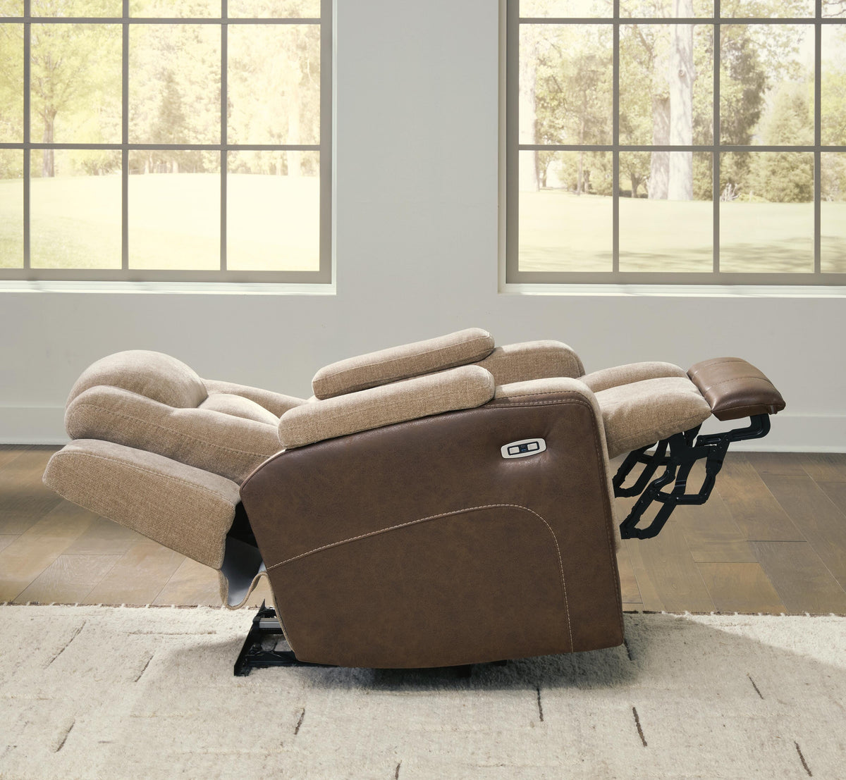 Mixed Motion PWR Recliner/ADJ Headrest Faux Leather Chenille