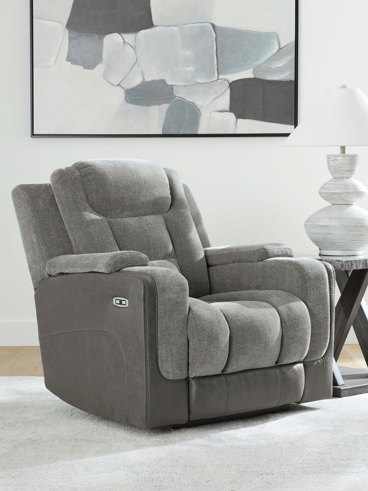 Mixed Motion PWR Recliner/ADJ Headrest Faux Leather Chenille