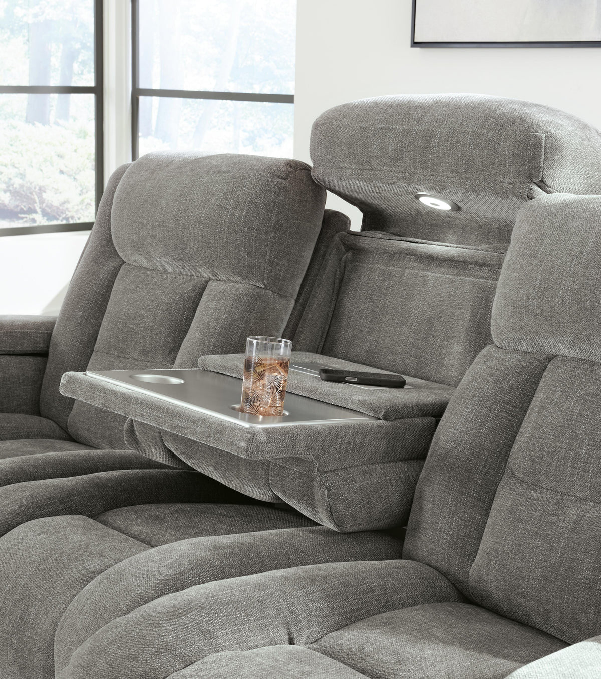 Mixed Motion PWR REC Sofa with ADJ Headrest Faux Leather Chenille