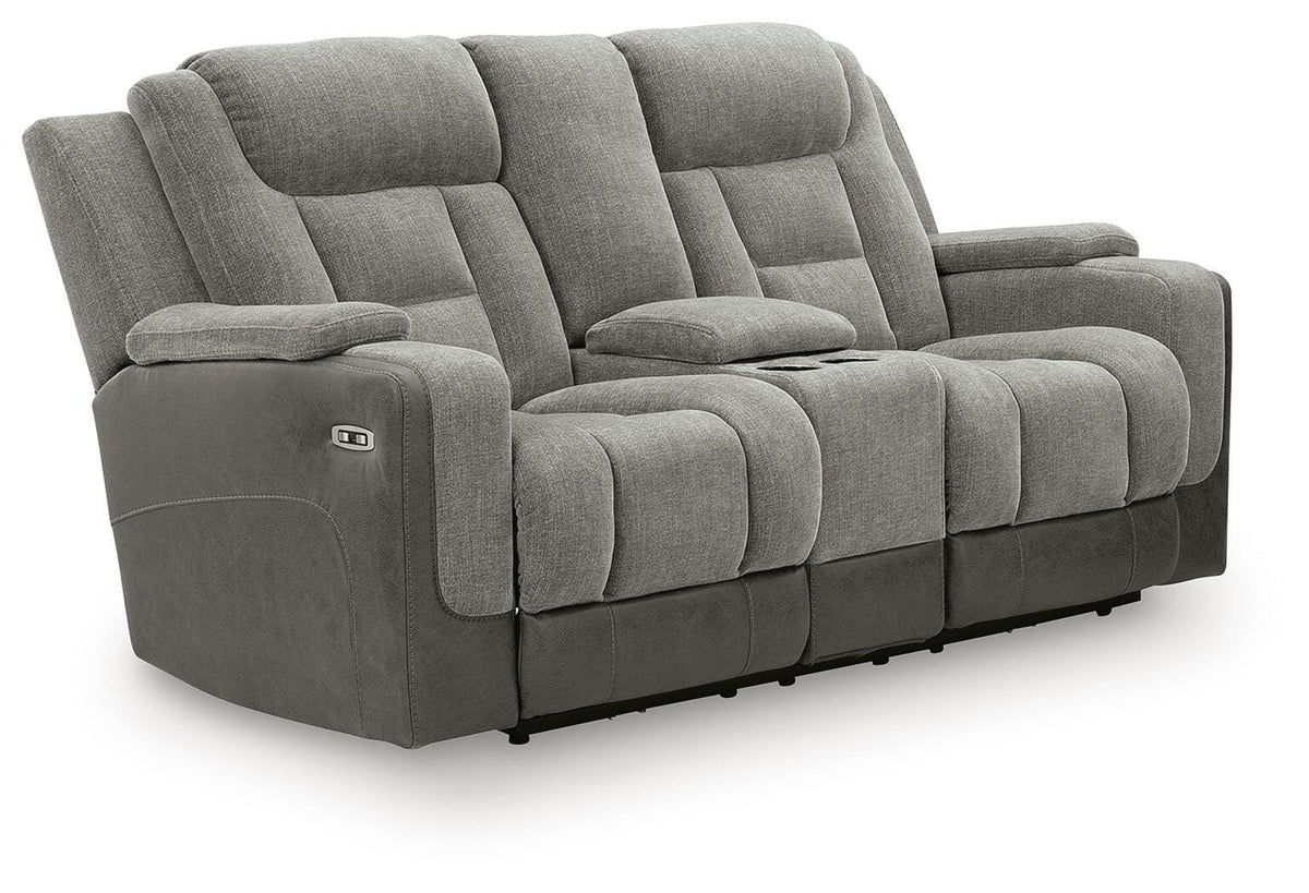 Mixed Motion PWR REC Loveseat/CON/ADJ HDRST Faux Leather Chenille