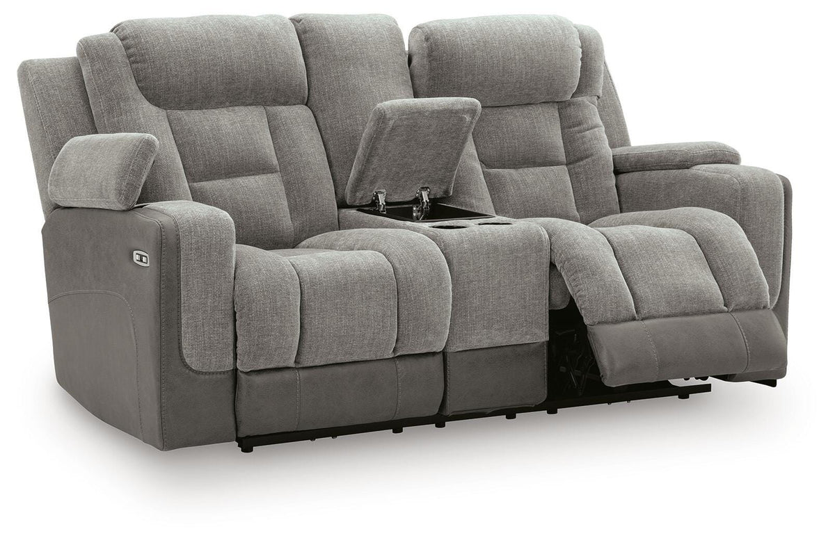 Mixed Motion PWR REC Loveseat/CON/ADJ HDRST Faux Leather Chenille