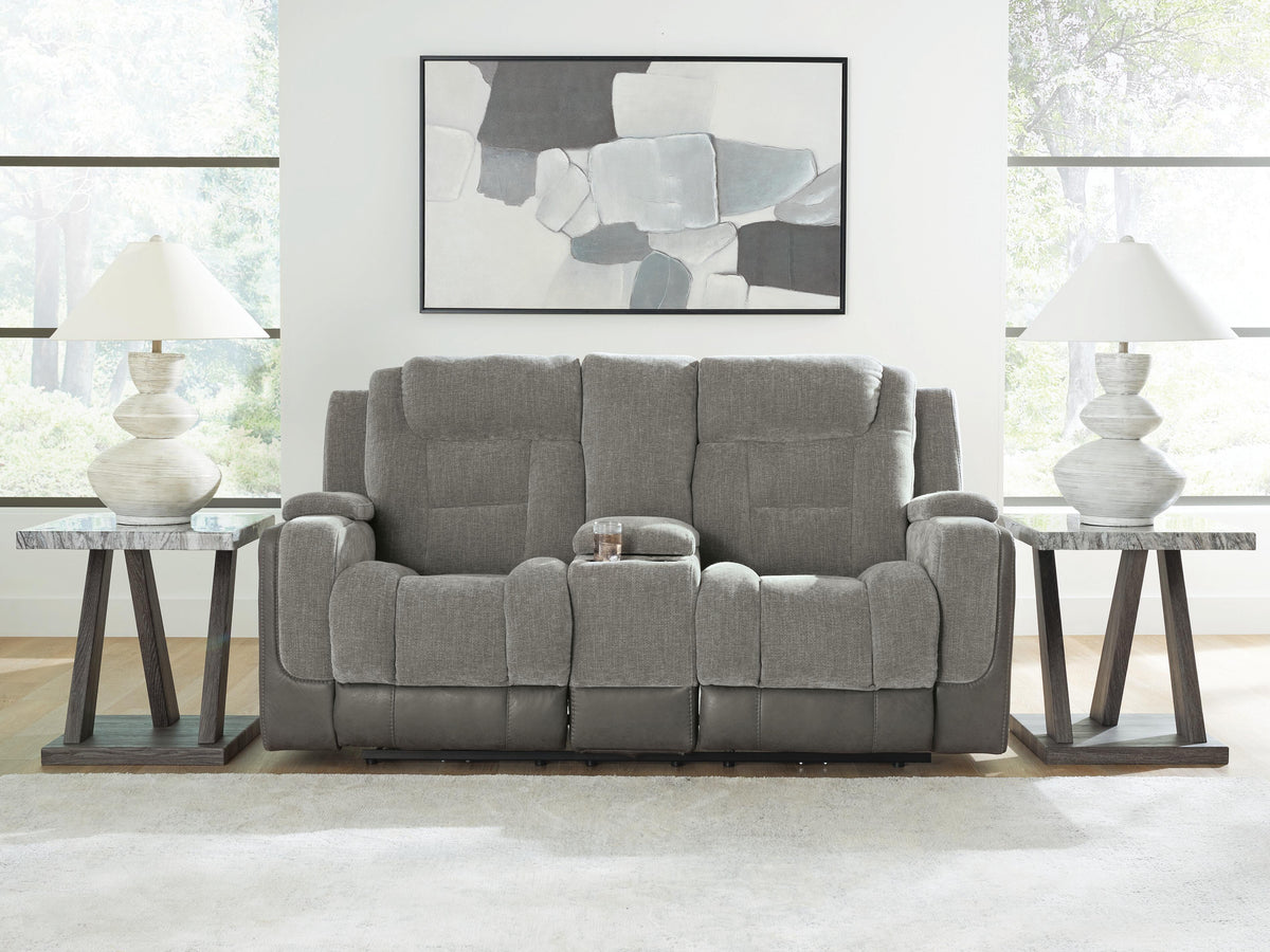Mixed Motion PWR REC Loveseat/CON/ADJ HDRST Faux Leather Chenille