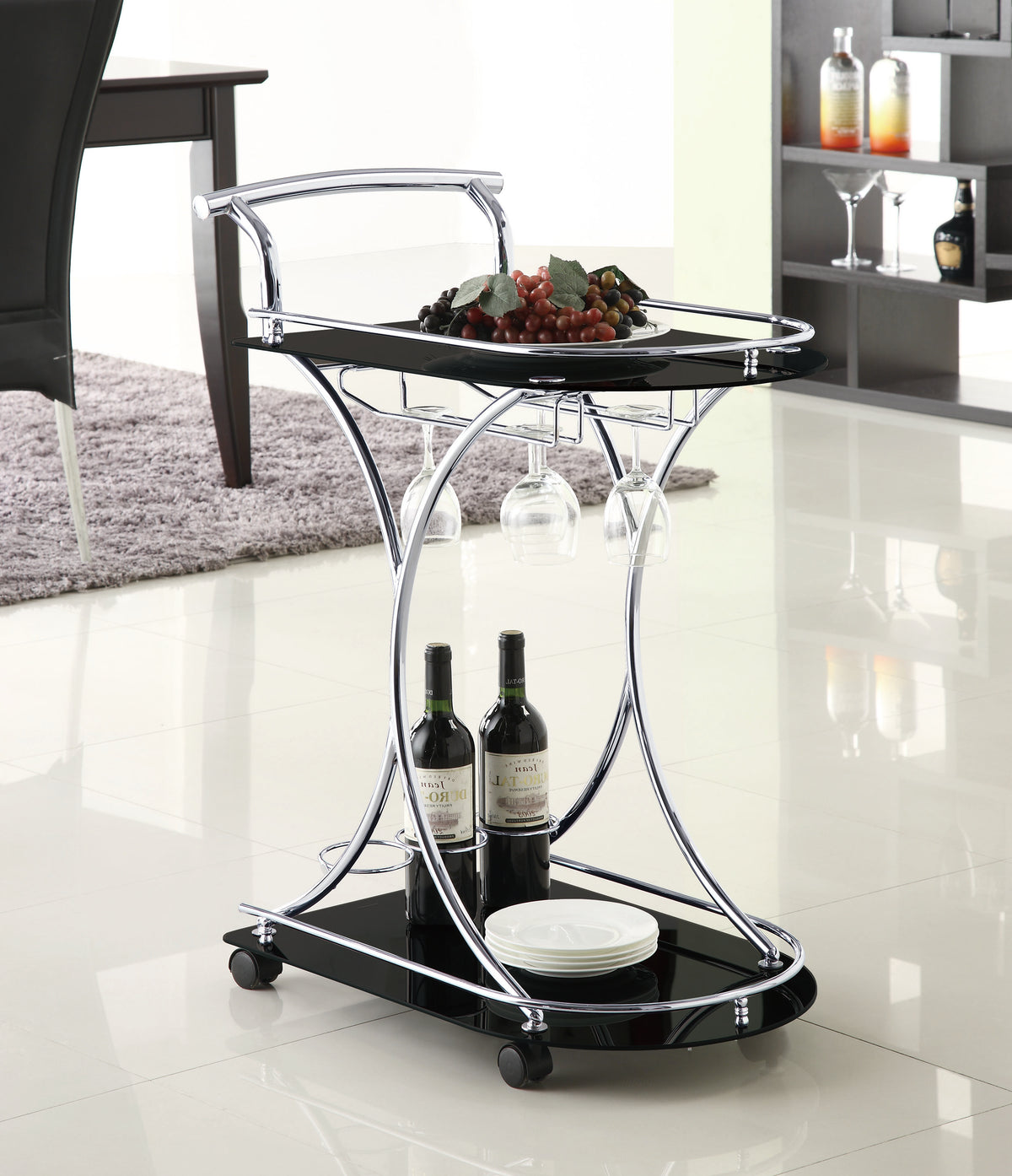 Elfman 2-tier Glass Shelf Metal Bar Cart Chrome - Black