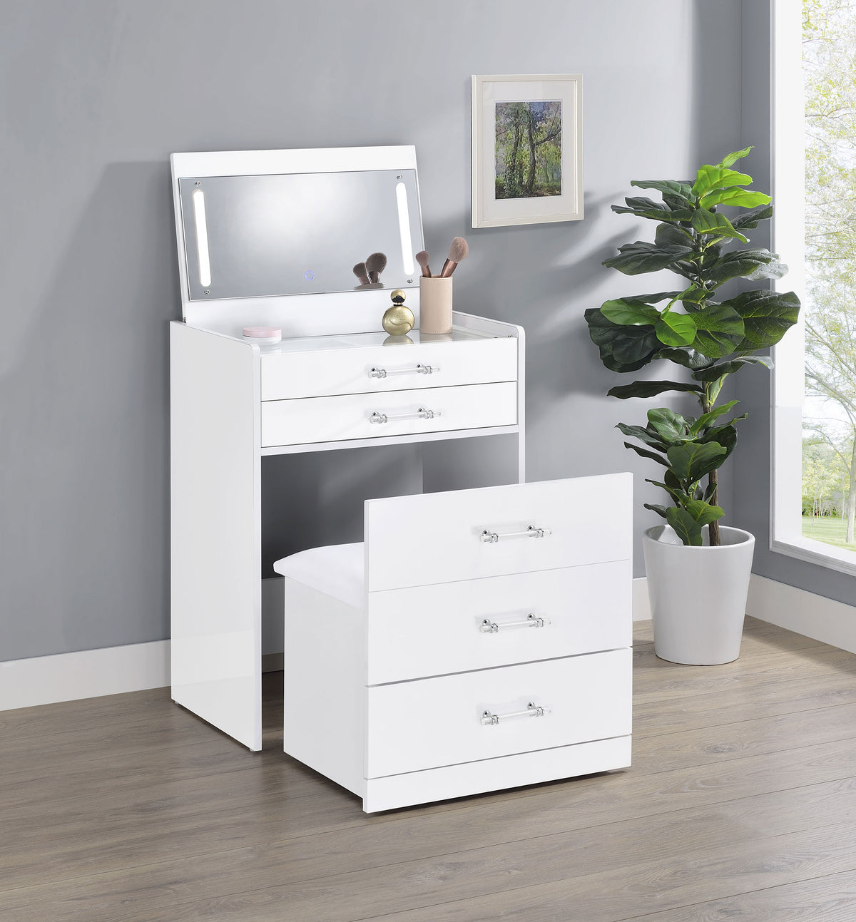 Danbury 3-drawer Makeup Vanity & Stool Set High Gloss - White High Gloss