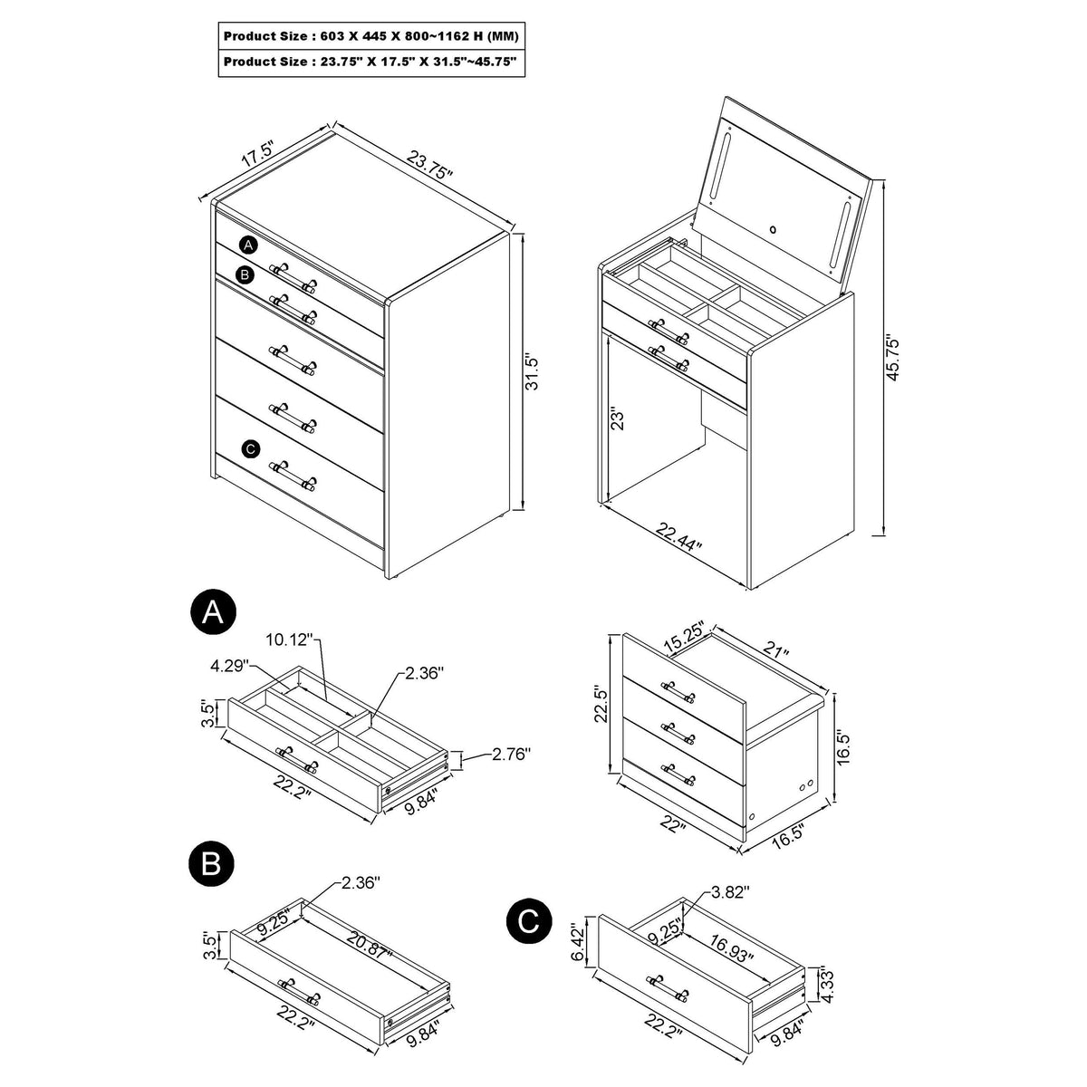 Danbury 3-drawer Makeup Vanity & Stool Set High Gloss - White High Gloss