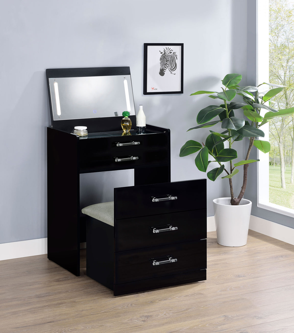 Danbury 3-drawer Makeup Vanity & Stool Set High Gloss - Black High Gloss
