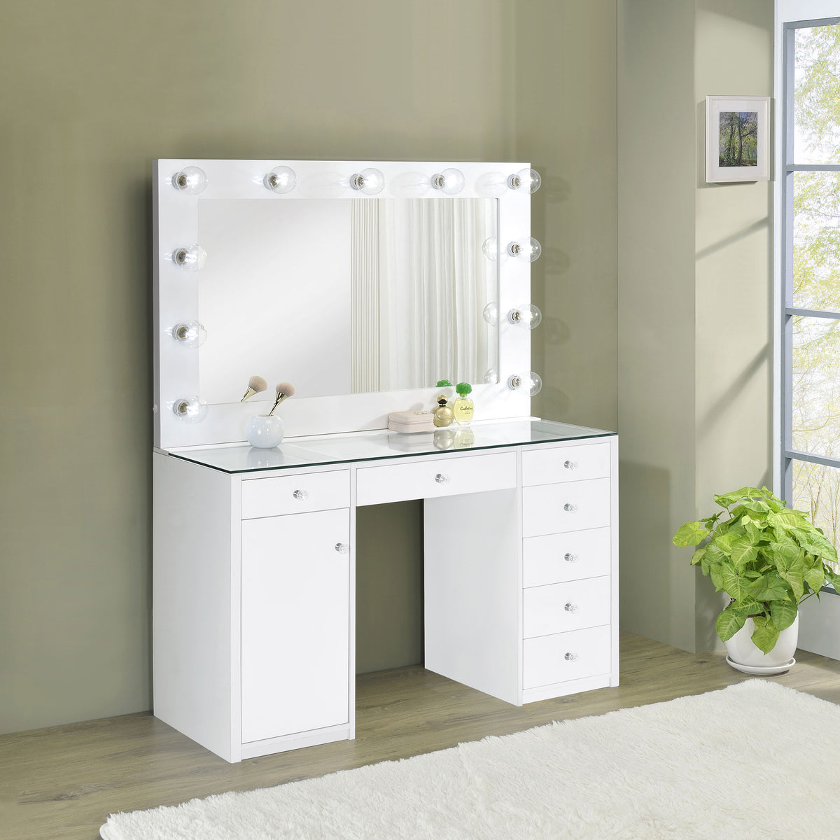 Acena 7-drawer Vanity Set with Lighting High Gloss - White High Gloss