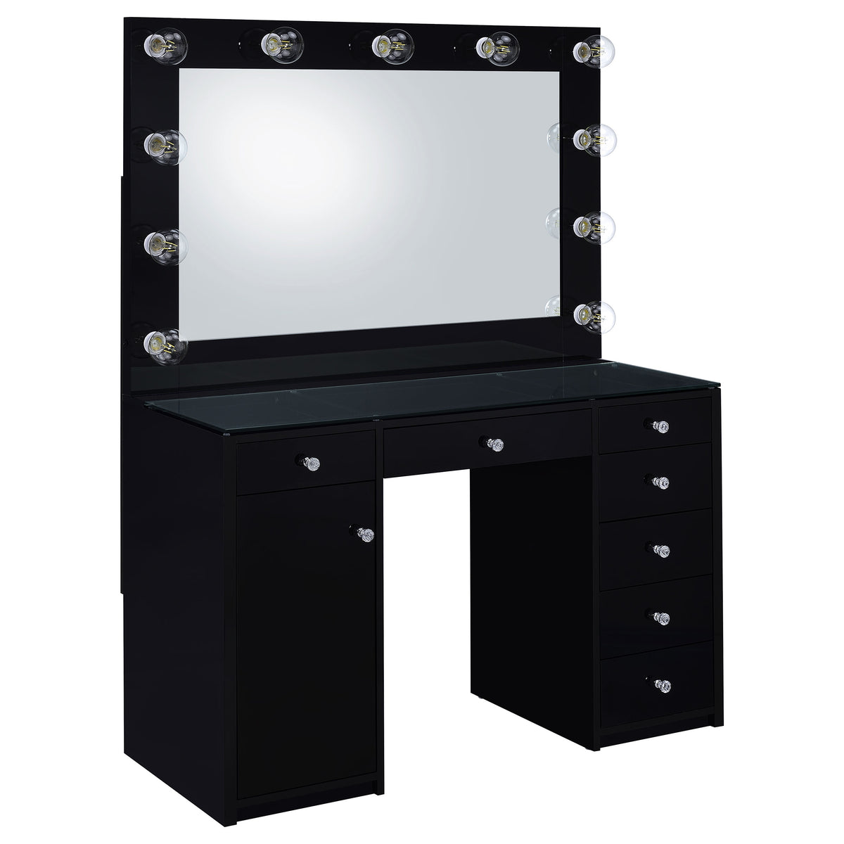 Acena 7-drawer Vanity Set with Lighting High Gloss - Black High Gloss