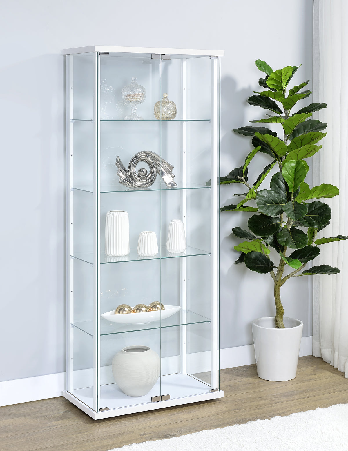 Delphinium 4-Shelf Clear Glass Curio Display Cabinet - White