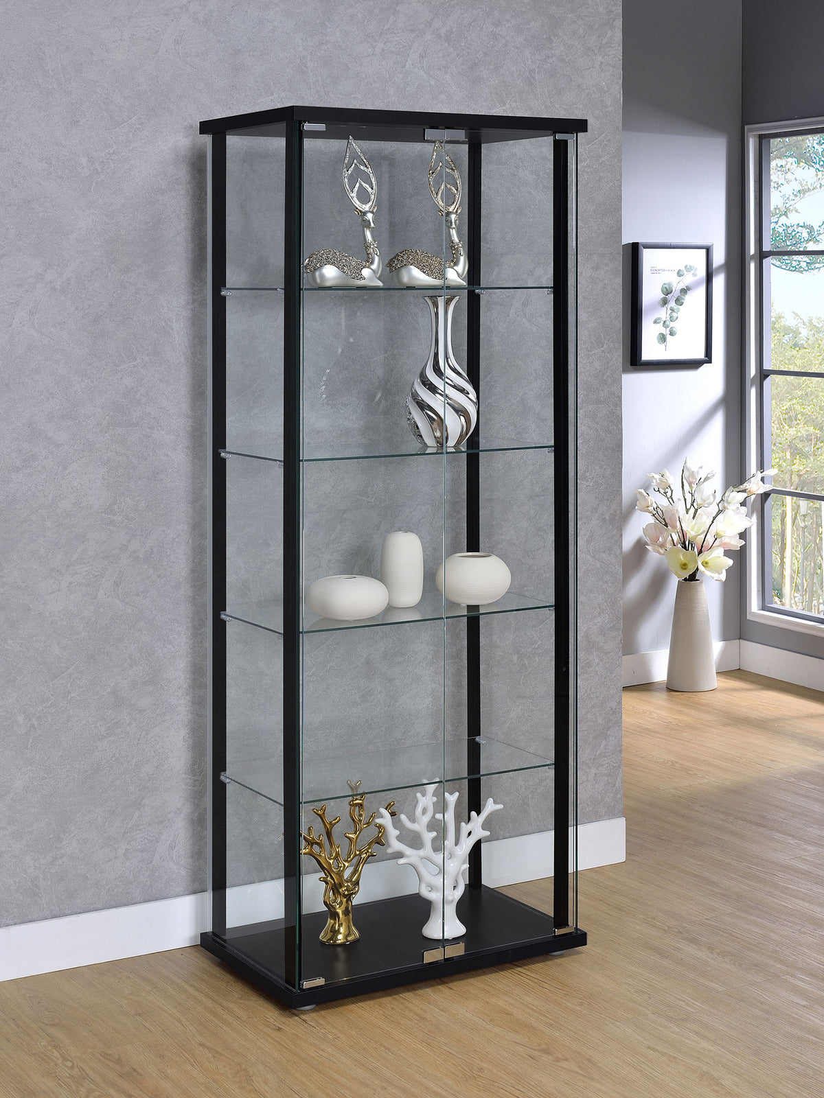 Delphinium 4-Shelf Clear Glass Curio Display Cabinet - Black