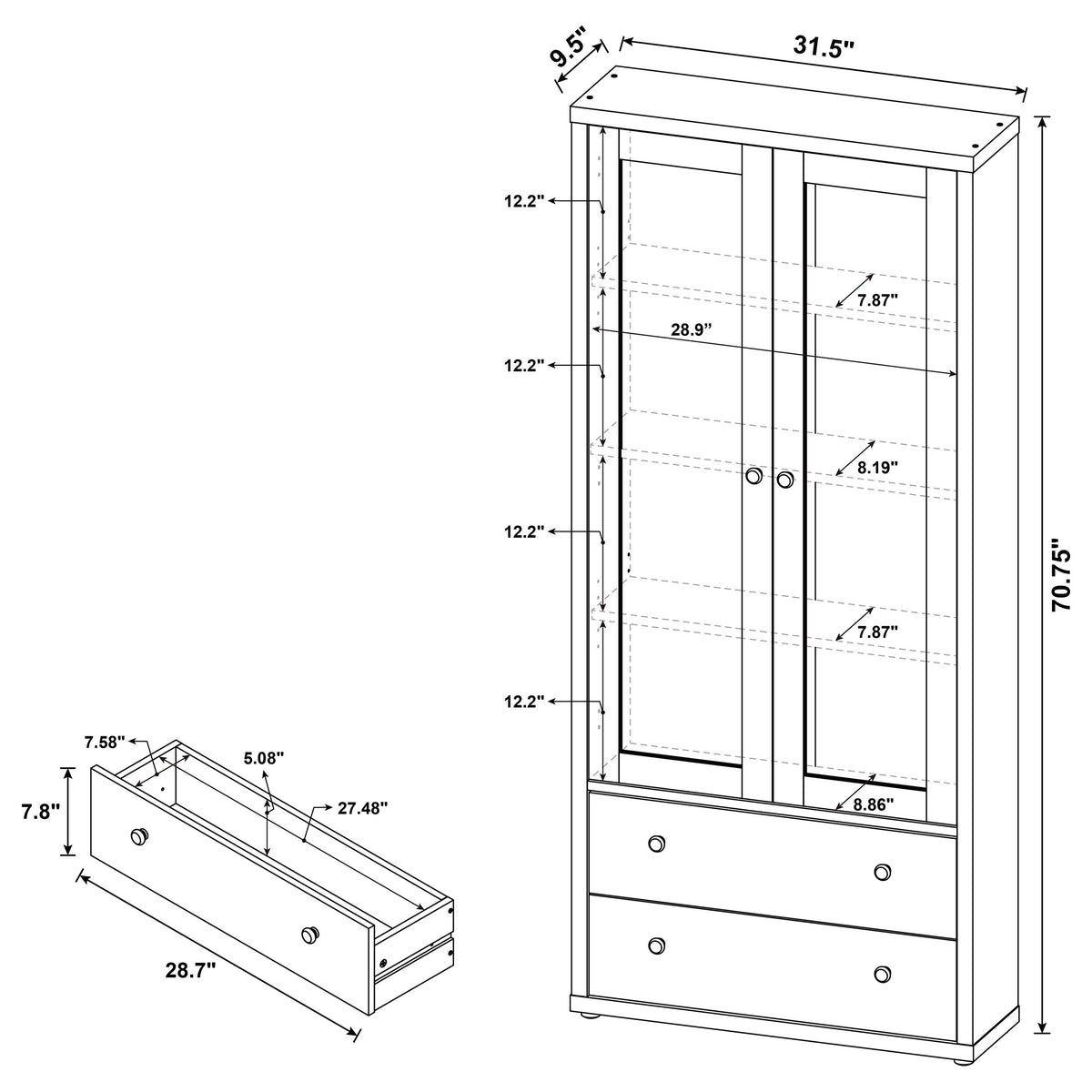 Hawthorne 3-shelf Glass Door Tall Cabinet with Drawers - White