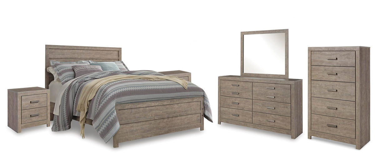 Culverbach Panel Bed Set - Queen, Mirrored Dresser, Chest and 2 Nightstands