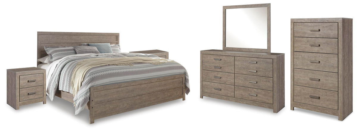 Culverbach Panel Bed Set - King, Mirrored Dresser, Chest and 2 Nightstands