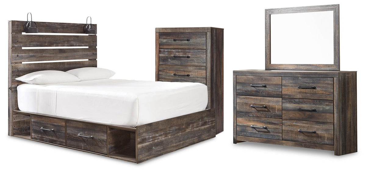 Drystan Queen Panel Bed with Storage, Dresser, Mirror and Chest