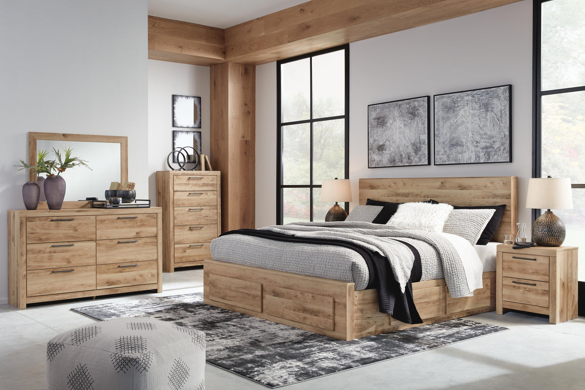 Hyanna King Panel Storage Bed with 1 Side Storage, Dresser and Mirror