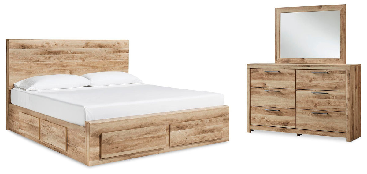 Hyanna King Panel Storage Bed with 1 Side Storage, Dresser and Mirror
