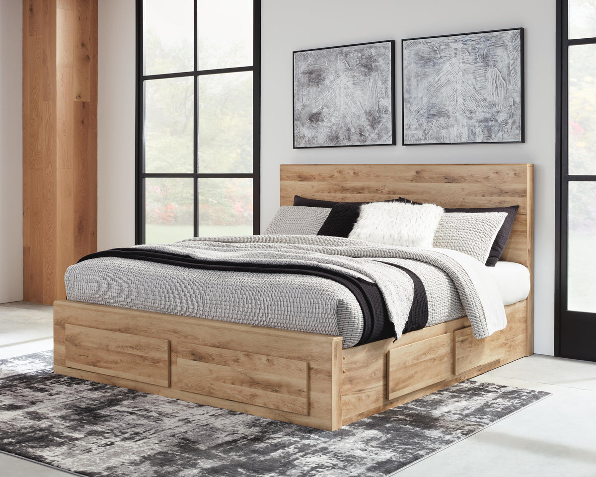 Hyanna King Panel Storage Bed with 2 Side Storage, Dresser and Mirror
