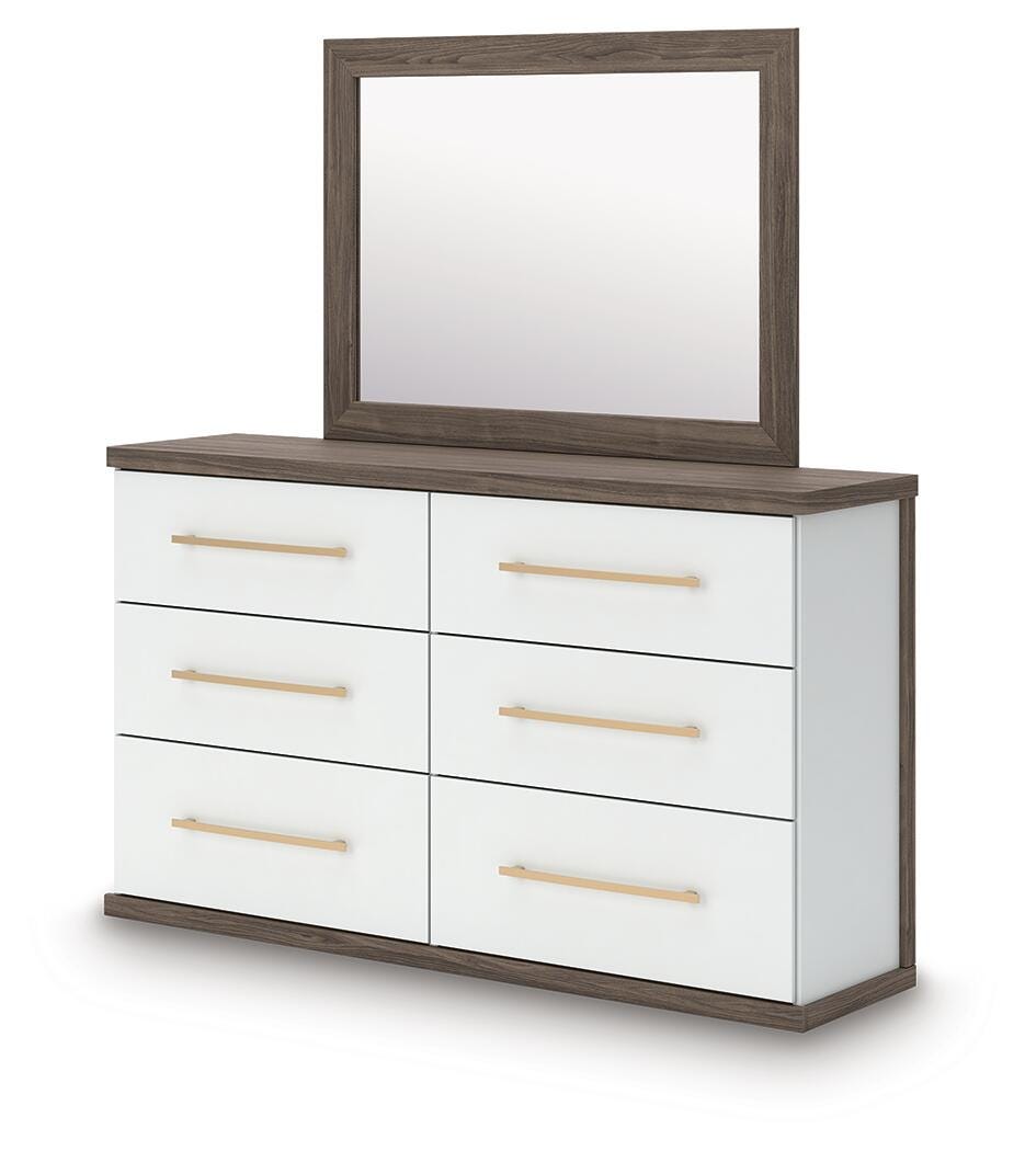 Kendanport Queen Upholstered Platform Bed, Dresser and Mirror