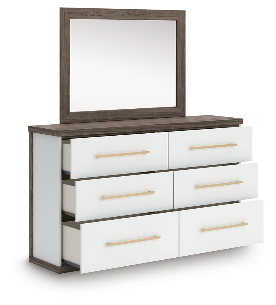 Kendanport Queen Upholstered Platform Bed, Dresser and Mirror