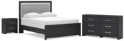 Maeling Queen Upholstered Panel Bed, Dresser and Nightstand