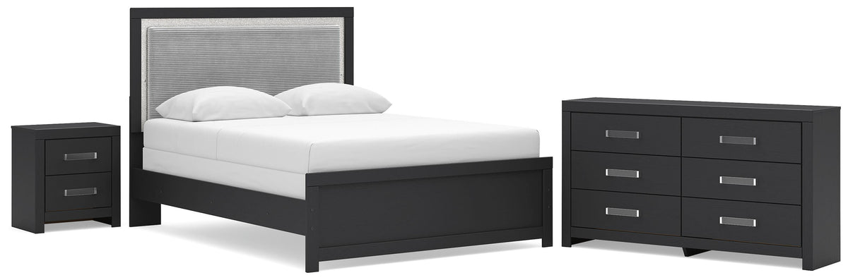Maeling Queen Upholstered Panel Bed, Dresser and Nightstand
