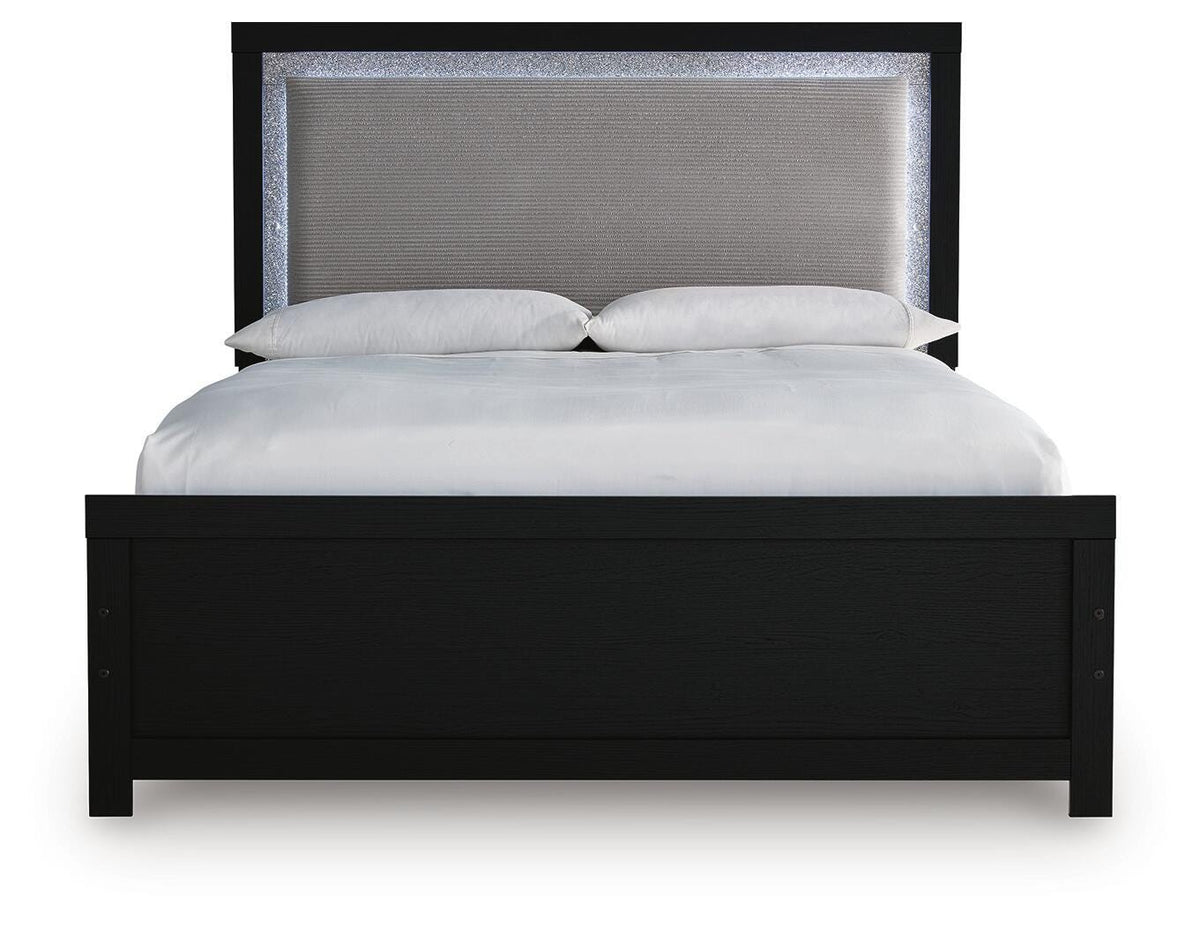 Maeling Queen Upholstered Panel Bed, Dresser and Mirror